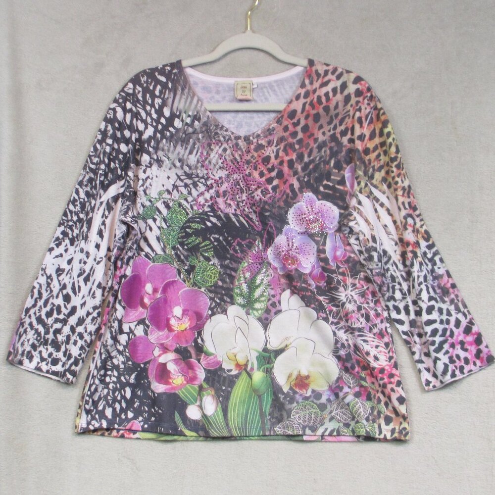 Jess & Jane Top Womens Large Pink Embellished V Neck Floral Pullover